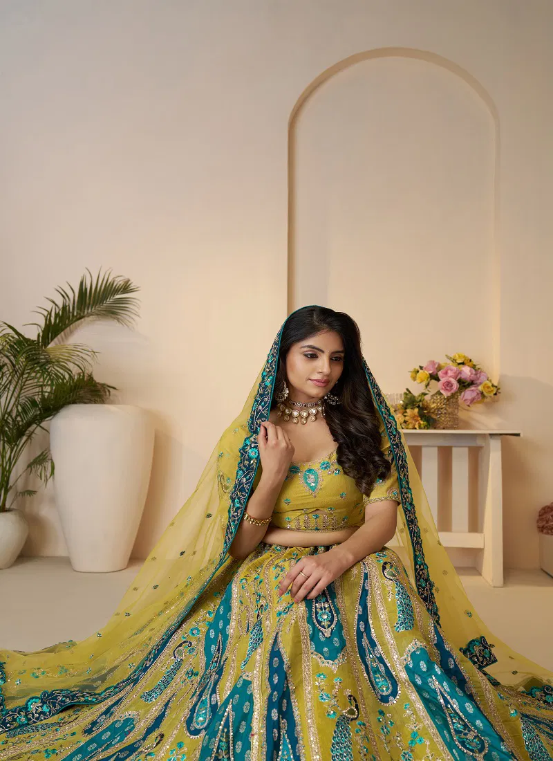 Kf 484 Yellow Banarasi Silk Embroidered Lehenga Choli Exporters In India